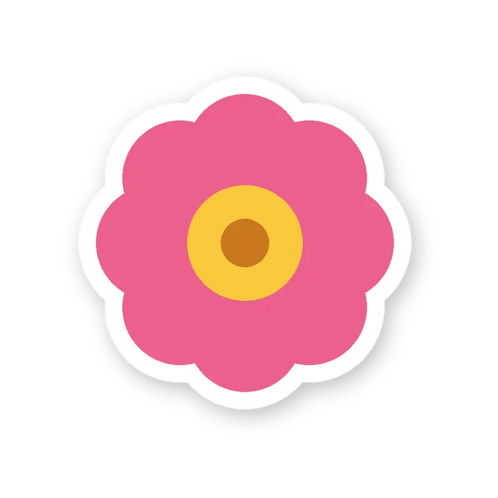 A drawn cut-out flower with a white sticker outline and a soft shadow on a clear background